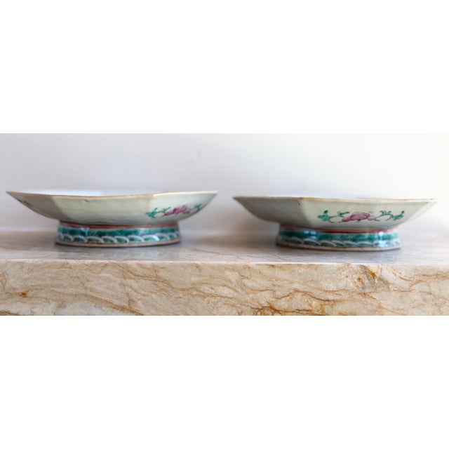 Asian Antique Chinese Qing Famille Rose Rabbit & Peonies Footed Plates Dishes - a Pair For Sale - Image 3 of 11