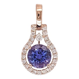 1ct Tanzanite Pendant W Earth Mined Diamonds in Solid 14k Rose Gold | Round 6mm | December Birthstone For Sale