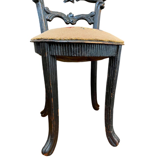 Antique 19th Century Hand-Carved Ebonized Faux Bois Aesthetic Movement Boudoir Vanity Side Chair With Floral Needlepoint Seat For Sale - Image 10 of 16