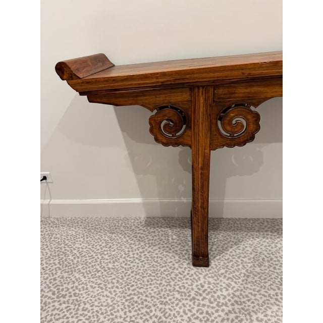 Chinese Hand-Carved Chinese Elm Altar Console Table - Cloud Scroll Carvings - Early 20th Century For Sale - Image 3 of 11