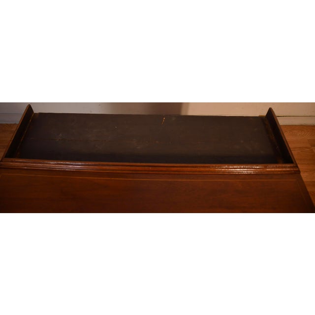 English 1910s Antique English Sheraton Mahogany Inlaid Writing Secretary Tambour Desk. For Sale - Image 3 of 18