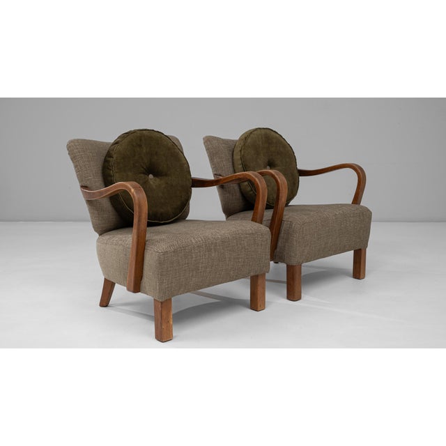 1940s Danish Art Deco Upholstered Armchairs With Round Pillows - A Pair For Sale - Image 9 of 18