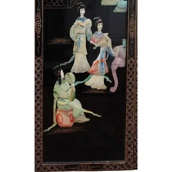 Antique Mid-Century Chinese Black Lacquer Wall Panels: Set of 4 With Raised Hardstone and Mother-of-Pearl Inlay For Sale - Image 10 of 16