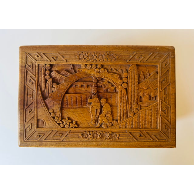 Vintage Chinese Hand Carved Hardwood Jewelry Box Scenic Relief Brass Lock For Sale - Image 4 of 13