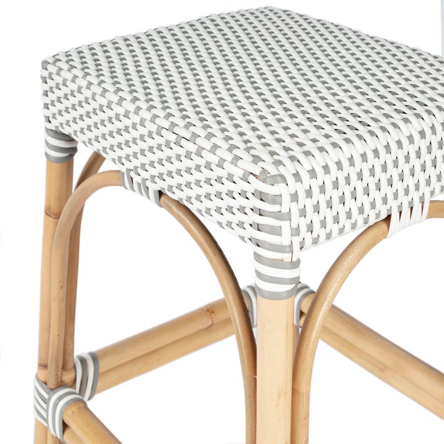 Wood Robias 24.5 in. Seat Height Rectangular Rattan Backless Counter Stool with Footrest, Gray/White Dot / Natural Rattan Frame For Sale - Image 7 of 9