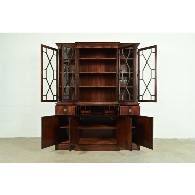 Mid 20th Century Baker Furniture Style Georgian Flame Mahogany Breakfront Bookcase Cabinet With Drop Front Secretary Desk For Sale - Image 5 of 16