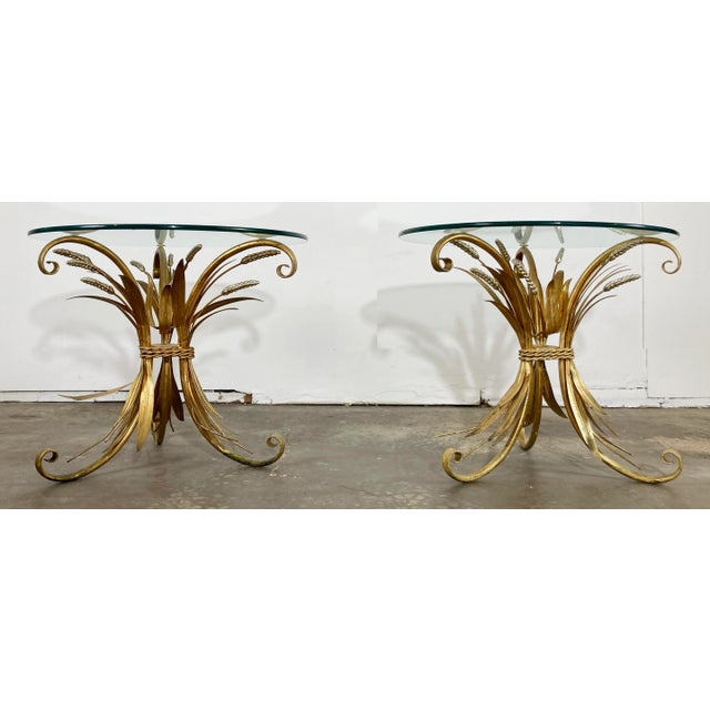 Hollywood Regency Vintage Gilt Sheaf of Wheat Side Tables With Round Glass Tops, a Pair For Sale - Image 3 of 9