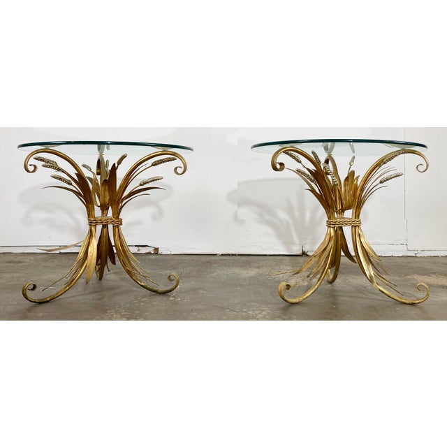 Hollywood Regency Vintage Gilt Sheaf of Wheat Side Tables With Round Glass Tops, Pair For Sale - Image 3 of 9