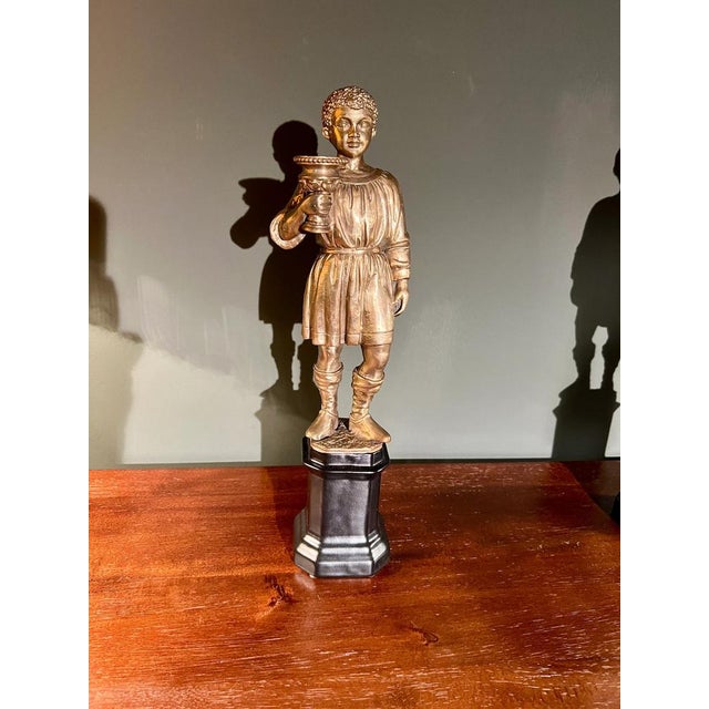 Youth Candlesticks in Brass on Black Porcelain Bases, 1920s, Set of 2 For Sale - Image 4 of 9