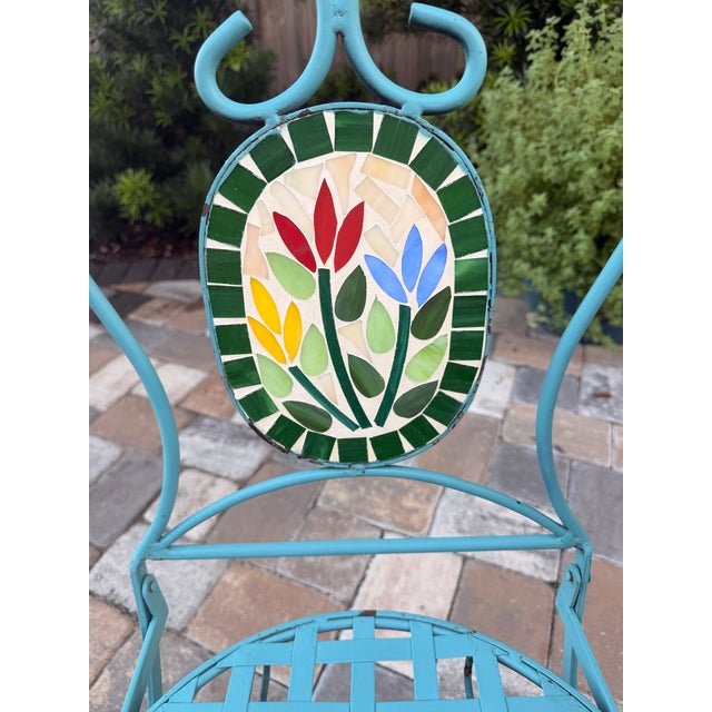French Country Vintage Turquoise Iron Garden Bistro Set With Floral Mosaic Folding Chairs For Sale - Image 3 of 12