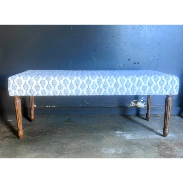 Bench by Forty West upholstered in Lee Industries Mumbai Ink (Grade M). Mumbai Ink fabric consisted of blue floral or leaf...