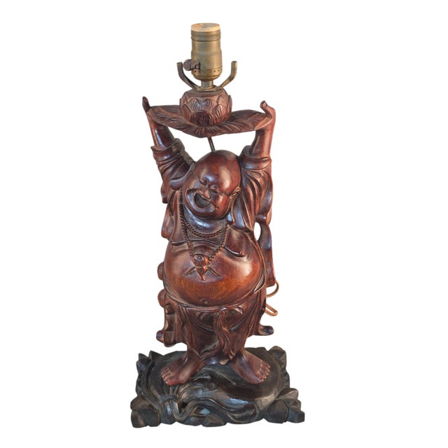 Antique Hand Carved Hardwood Hotei Happy Joyous Buddha Arms Raised Holding a Lotus Flower Table Lamp For Sale - Image 16 of 16