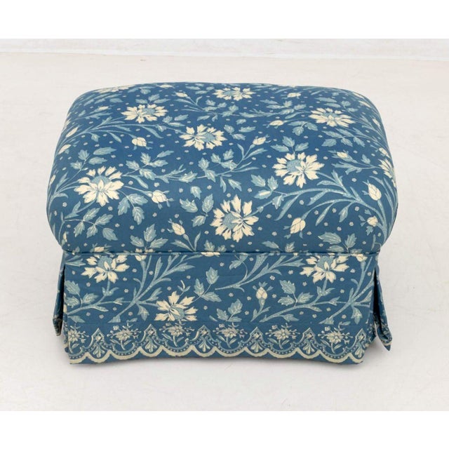 Blue Floral Print Upholstered Chair & Ottoman For Sale - Image 11 of 12