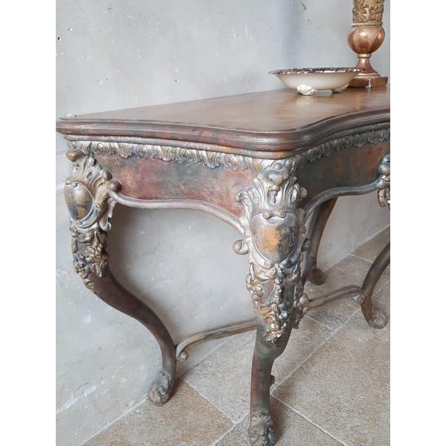 Gold 19th Century Console Table with Patina in Gold, Cognac and Petrol Tones For Sale - Image 8 of 16
