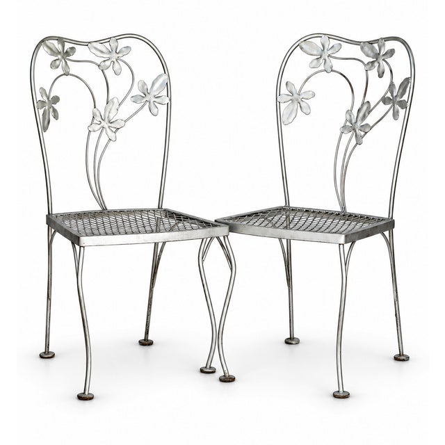 Set of 3, Charming 1920's Silver Floral Backs Garden Chairs. Mesh metal on the seats.