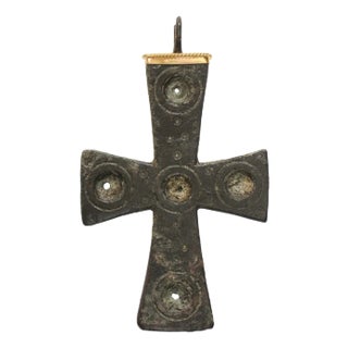 Antique Large Byzantine Bronze Cross With 21k gold For Sale
