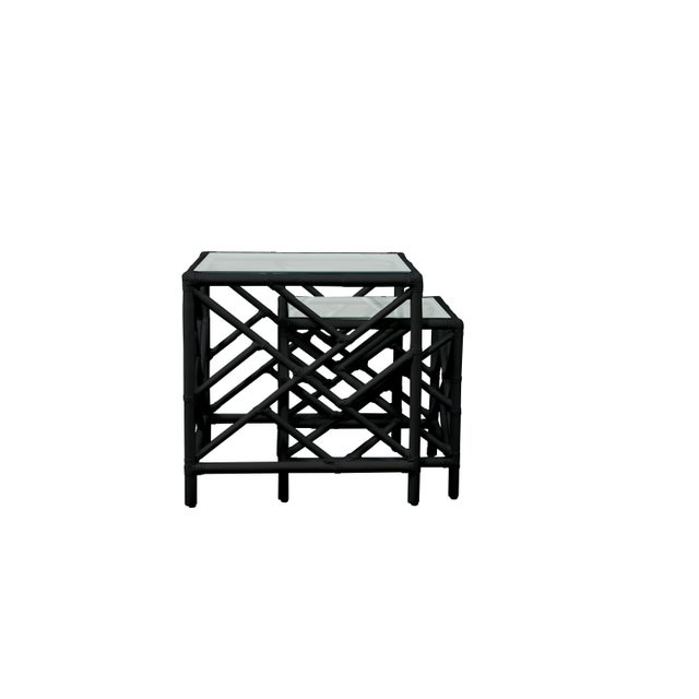In a classic chinoiserie style, this set of two rattan nesting tables feature a rattan frame, rawhide bindings, hand...