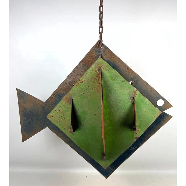 Mid Century Modern Kinetic Metal Hanging Fish Sculpture With Painted Enamel Fins For Sale - Image 4 of 9