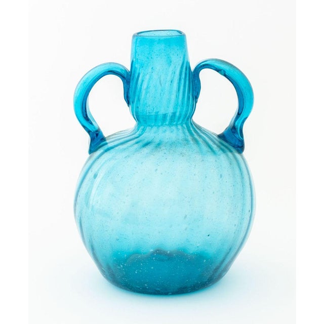 Group of Three Murano Art Glass Two-Handled Objects, comprising: a pair of cobalt blue glass candlesticks and a turquoise...