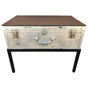 Mid 20th Century Japanese Post War Aluminum Riveted Trunk on Iron Stand With Glass Top, Restored