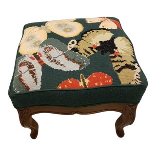 Vintage American Needlepoint Butterfly Footstool on Mahogany Base For Sale