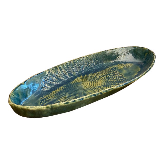 Vintage Blue and Green Serving Bowl - Folk Art Pottery For Sale