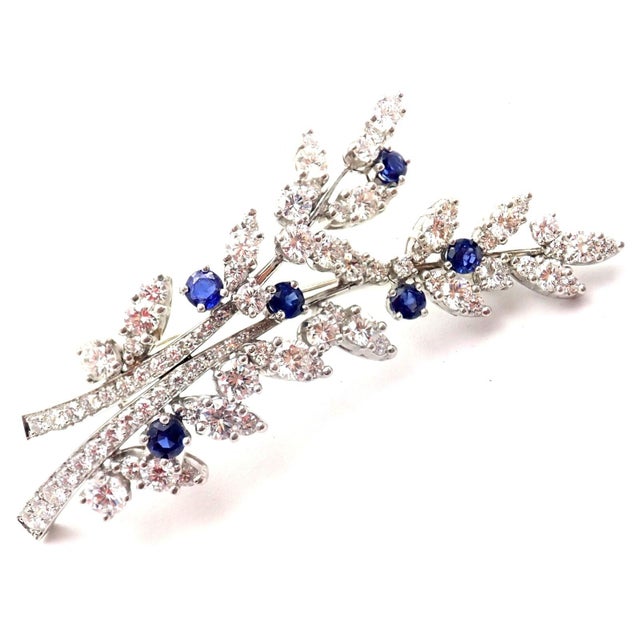 Metal Vintage Tiffany & Co. Platinum Diamond Sapphire Flower Pin Brooch For Sale - Image 7 of 8