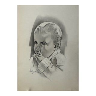 1940s Original Signed Graphite Illustration of Thoughtful Baby Portrait, 11 × 8 In. For Sale