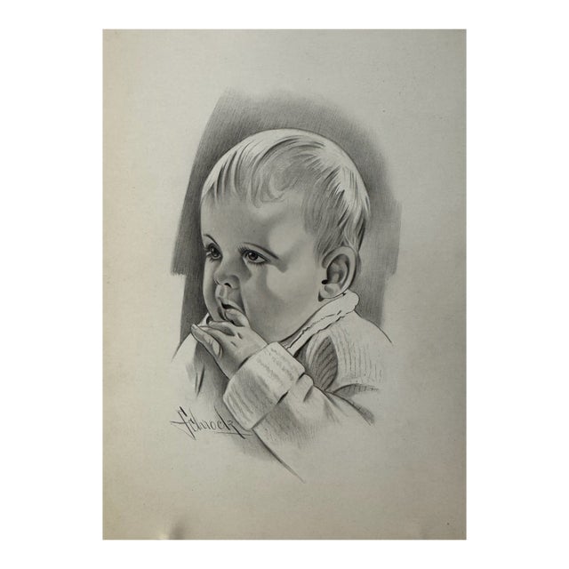 1940s Original Signed Graphite Illustration of Thoughtful Baby Portrait, 11 × 8 In. For Sale