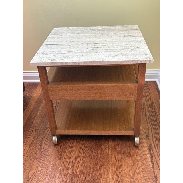 Brown 1960s Harvey Probber Travertine Top & Cane Drawer Side Table on Casters For Sale - Image 8 of 8