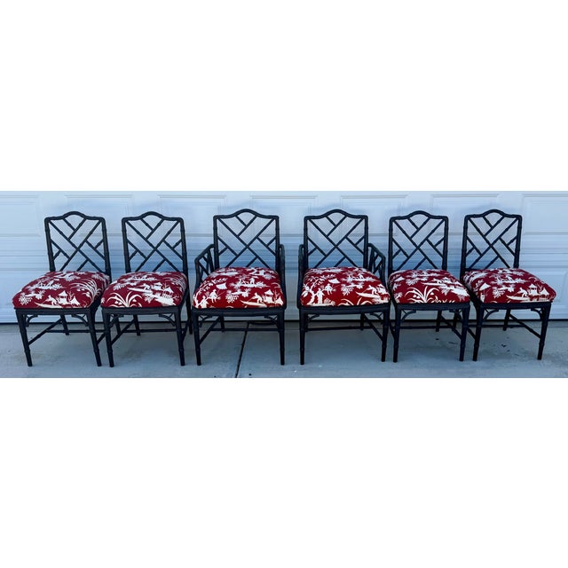 Chinoiserie Set of Six 1970s Black Chinese Chippendale Style Faux Bamboo Dining Chairs For Sale - Image 3 of 12