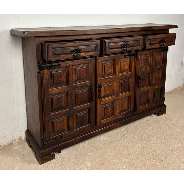 Spanish Rustic Oak Sideboard with Paneled Doors and Iron Hardware, 1930s For Sale - Image 4 of 10