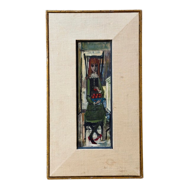 1960s Girl With Flowers - Oil Painting - R McKenzie - Mid Century For Sale