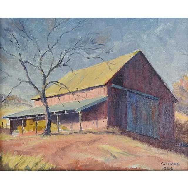 American Vintage 1956 Old Rustic Red Barn Painting For Sale - Image 3 of 4