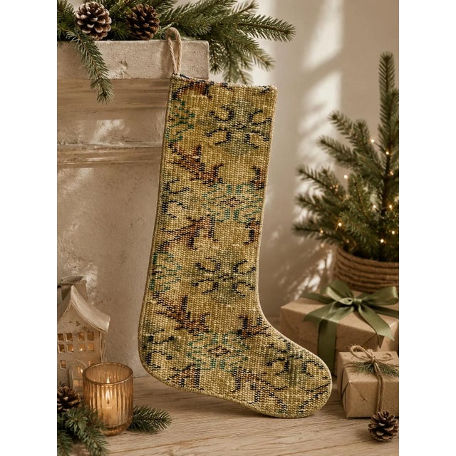 Vintage Kilim Christmas Stocking, Sage Green Handwoven Wool Boho Xmas Decor, One of a Kind Turkish Rug Stocking, Rustic Holiday Gift For Sale - Image 4 of 7