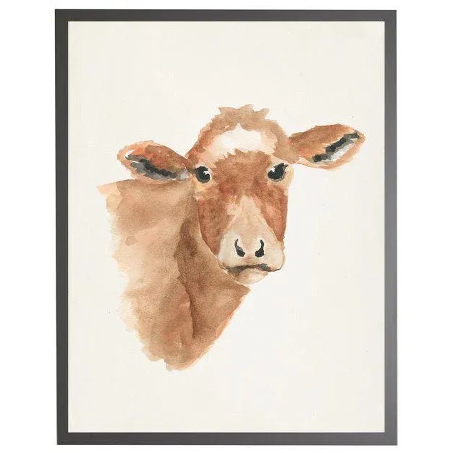 Watercolor brown cow in grey frame