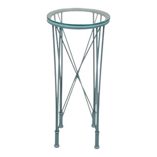 Postmodern Blue Wrought Iron "Skyscraper" Glass Top Pedestal Stand Side Table For Sale