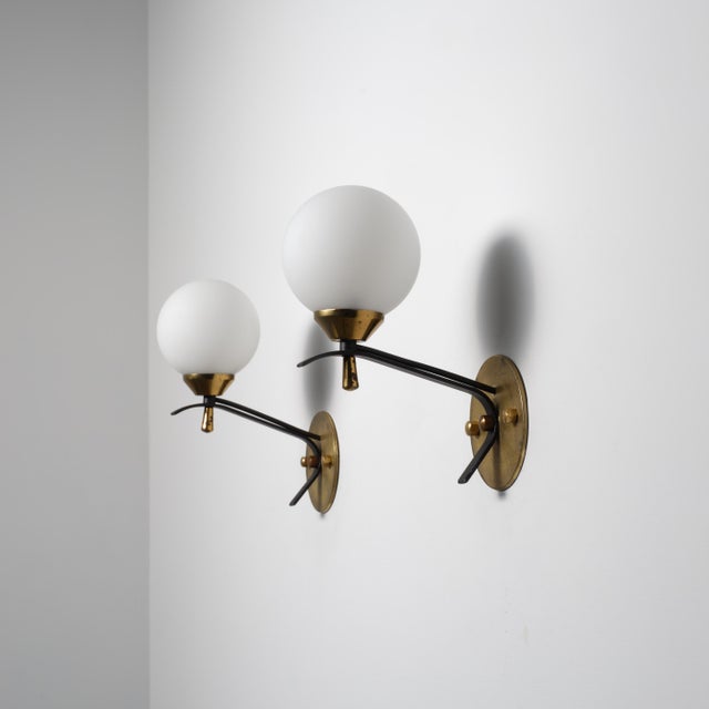 1950s Vintage Italian Wall Sconces in Brass and Opaline Glass Shade, 1950s, Set of 2 For Sale - Image 5 of 11