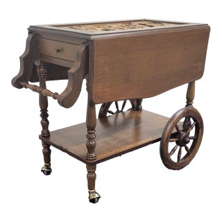 Vintage Carved Oriental Asian Carved Top Drop Leaf Tea Cart Bar Cart For Sale