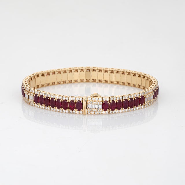Contemporary Ruby Diamond Line Bracelet Estate 14k Yellow Gold 7" Vintage Fine Jewelry For Sale - Image 3 of 6