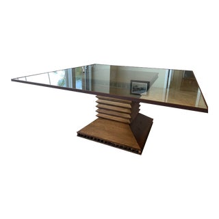 1990s Kreiss Glass Table and Wood Pedestal Base - 2 Pieces For Sale