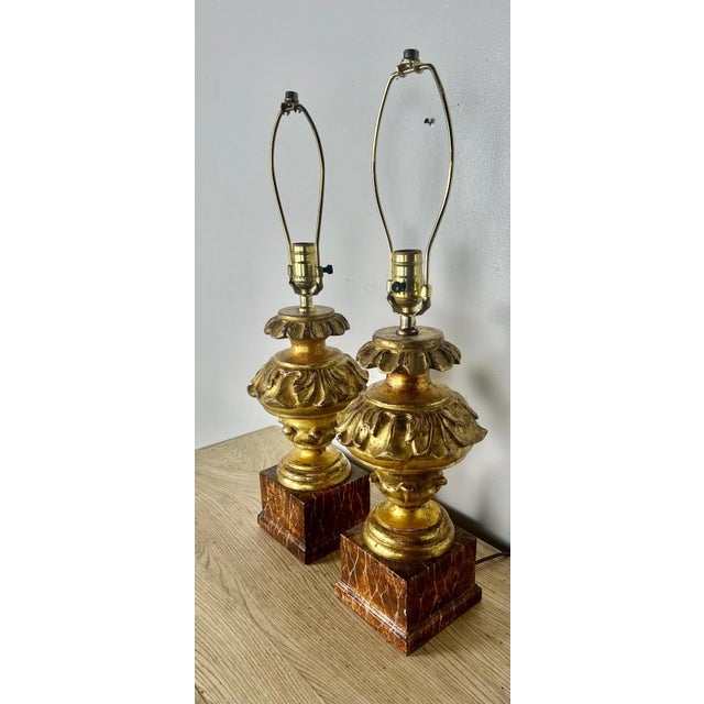 Pair of Italian Giltwood Carved Lamps on Faux Marble Bases For Sale - Image 4 of 10