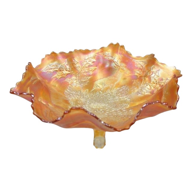 Early 20th Century Fenton Stag & Holly Carnival Glass Ruffled Edge Footed Marigold Bowl For Sale