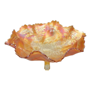 Early 20th Century Fenton Stag & Holly Carnival Glass Ruffled Edge Footed Marigold Bowl