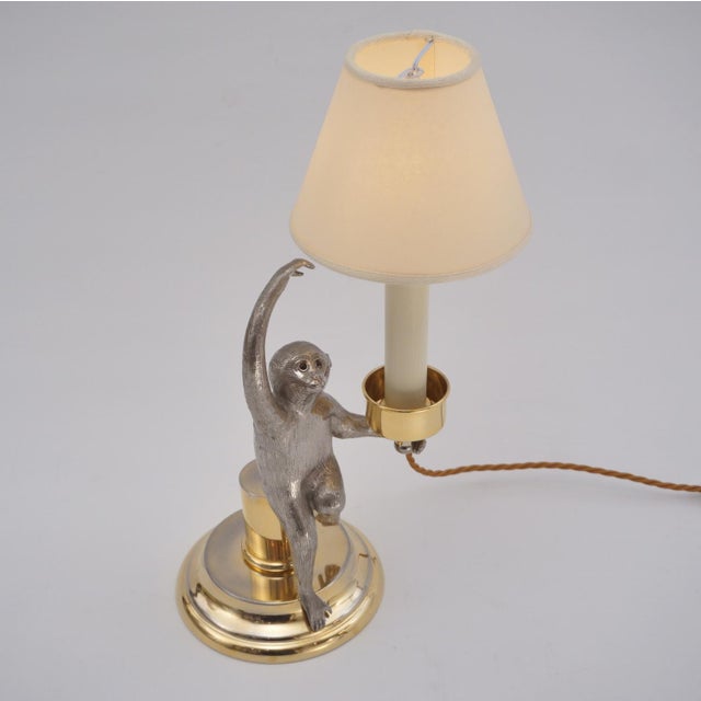 1970's Italian Surrealist Monkey Candlestick Table Lamp by Hauy Pouigo, Signed, Silver Plated Bronze & Brass - Rewired For Sale - Image 12 of 14