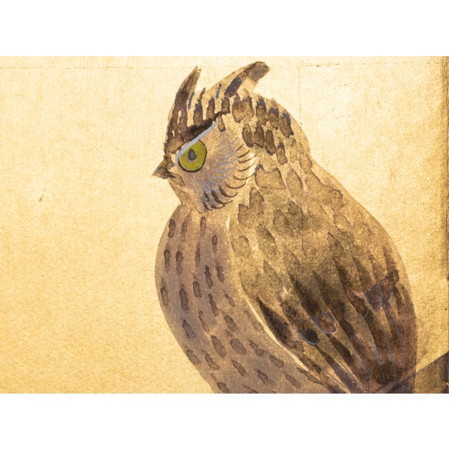 "Owl Family" by Shunko, Late Showa Painted Japanese Byobu Screen For Sale - Image 11 of 18