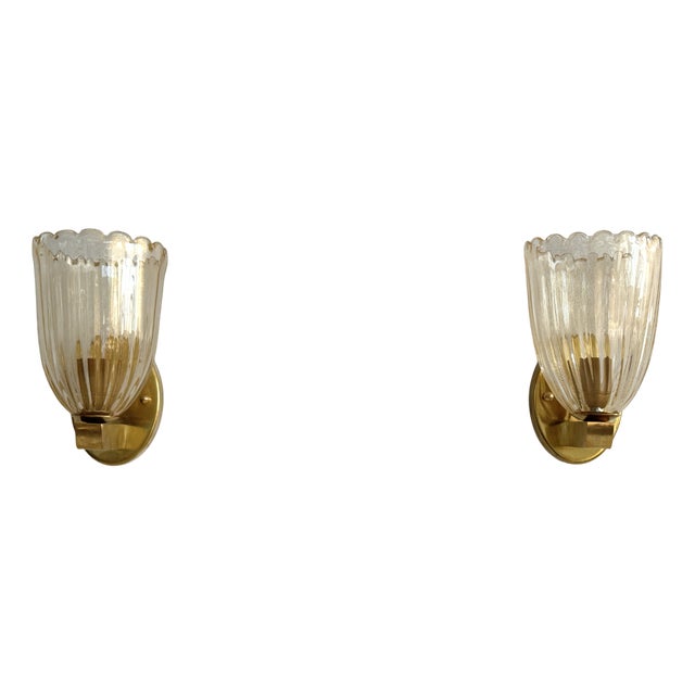 Italian Art Deco Style Brass and Murano Glass Wall Sconces, 1990s, Set of 2 For Sale