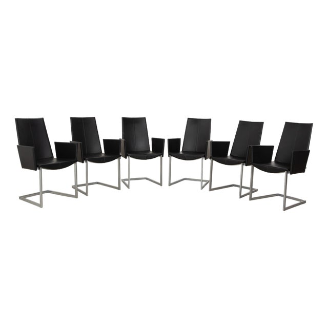 Black Leather and Metal Cantilever Chairs from KFF, Set of 6 For Sale