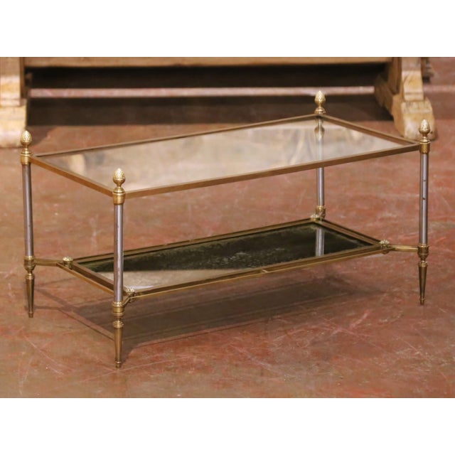 Mid-Century French Maison Jansen Bronze, Steel and Mirror Two-Tier Coffee Table For Sale In Dallas - Image 6 of 7