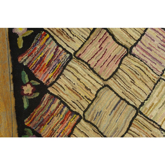 1920s Ivory Diamond Folk Art Antique American Hooked Rug 5'10"x 9'3" Handknotted Wool Carpet For Sale - Image 4 of 6